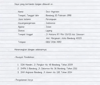 contoh cv lamaran kerja tulis tangan 0
