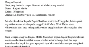 surat izin tidak masuk sekolah karena sakit 0