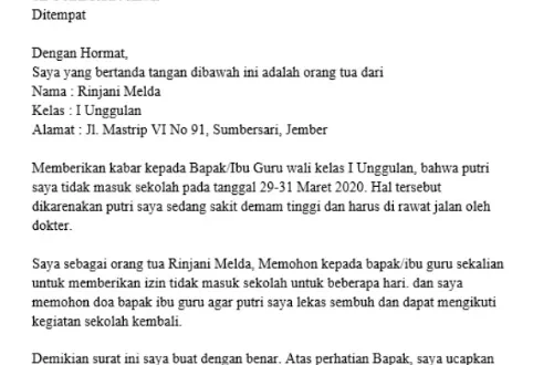 surat izin tidak masuk sekolah karena sakit 0